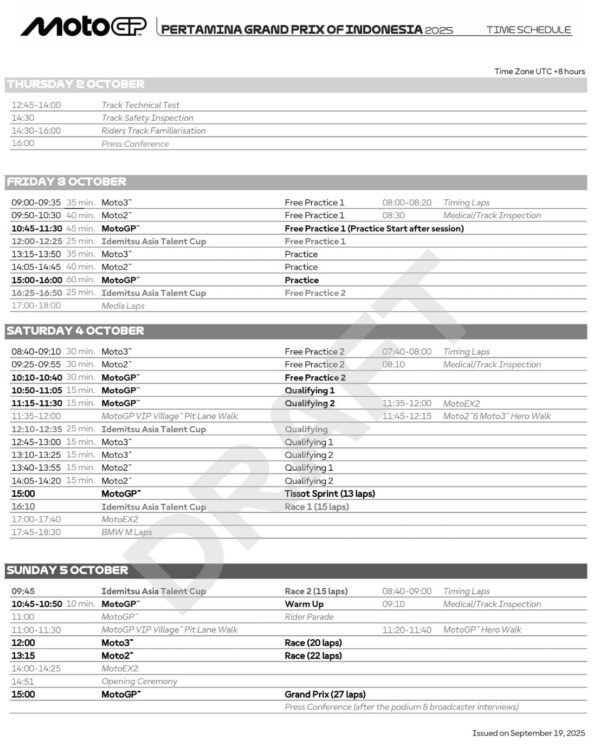 Jadwal Lengkap MotoGP Indonesia 2025