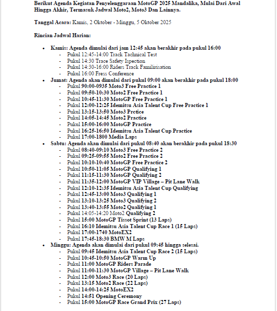 Agenda MotoGP Mandalika 2025